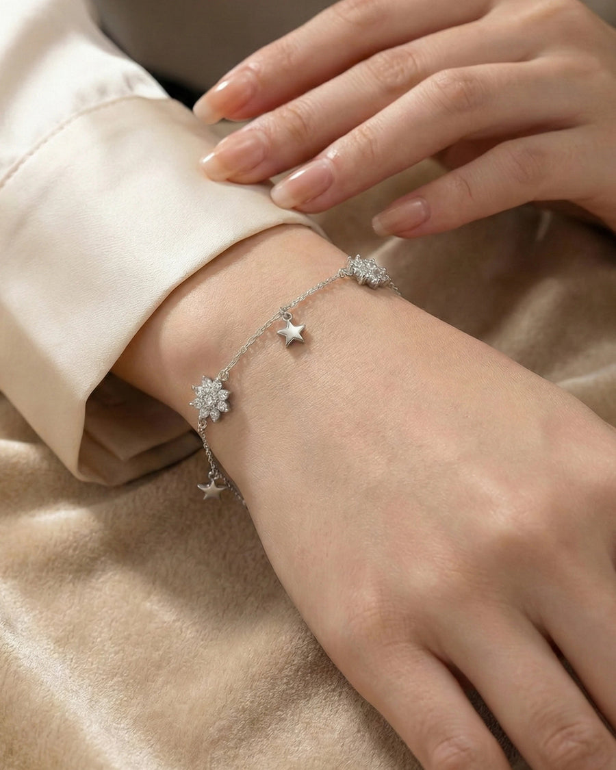 Celestial Star & Blossom Charm Bracelet – 925 Sterling Silver