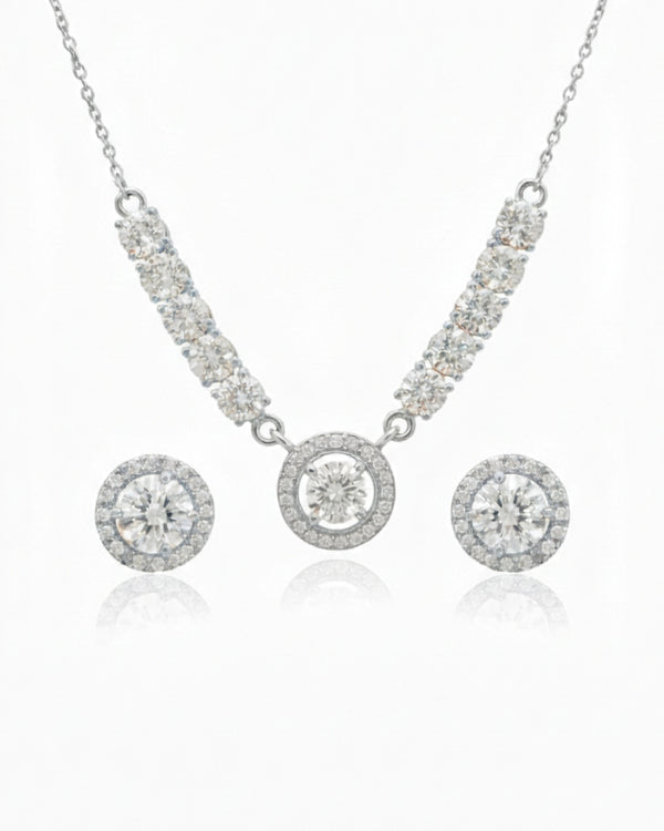 Silvonar 925 Sterling Silver Jewelry Set – [Dazzling Halo & Curved Crystal Bar Design]