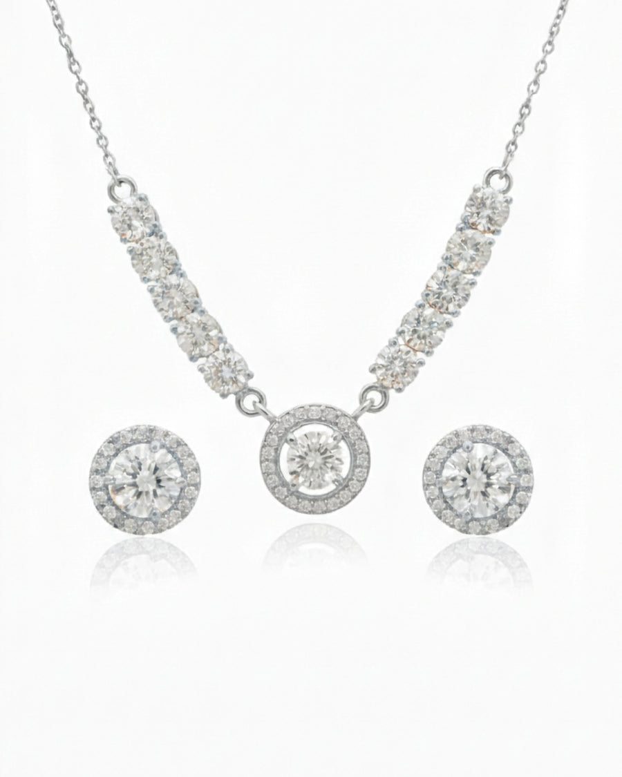 Silvonar 925 Sterling Silver Jewelry Set – [Dazzling Halo & Curved Crystal Bar Design]