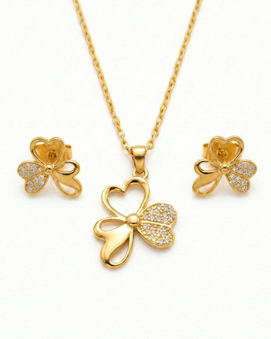 Silvonar 925 Sterling Silver Jewelry Set – [Golden Trinity Clover & Heart Design]