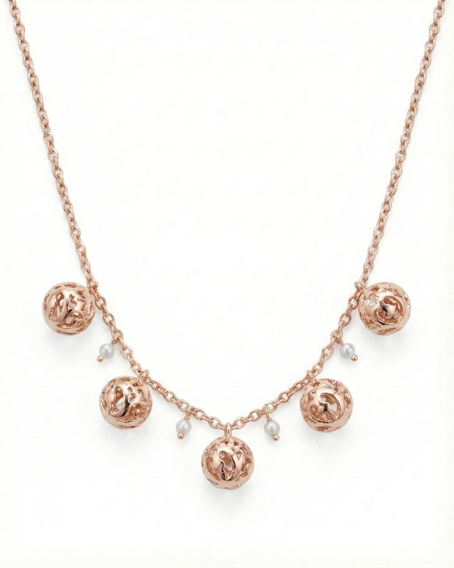 Golden Filigree Globe & Pearl Station Necklace – 925 Sterling Silver