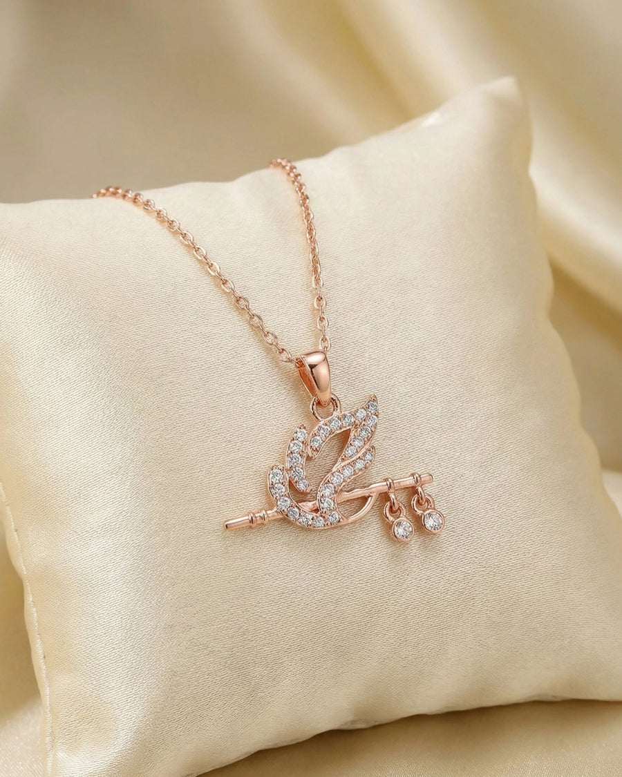 Divine Krishna Flute & Peacock Feather Necklace – 925 Sterling Silver Zircon Pendant