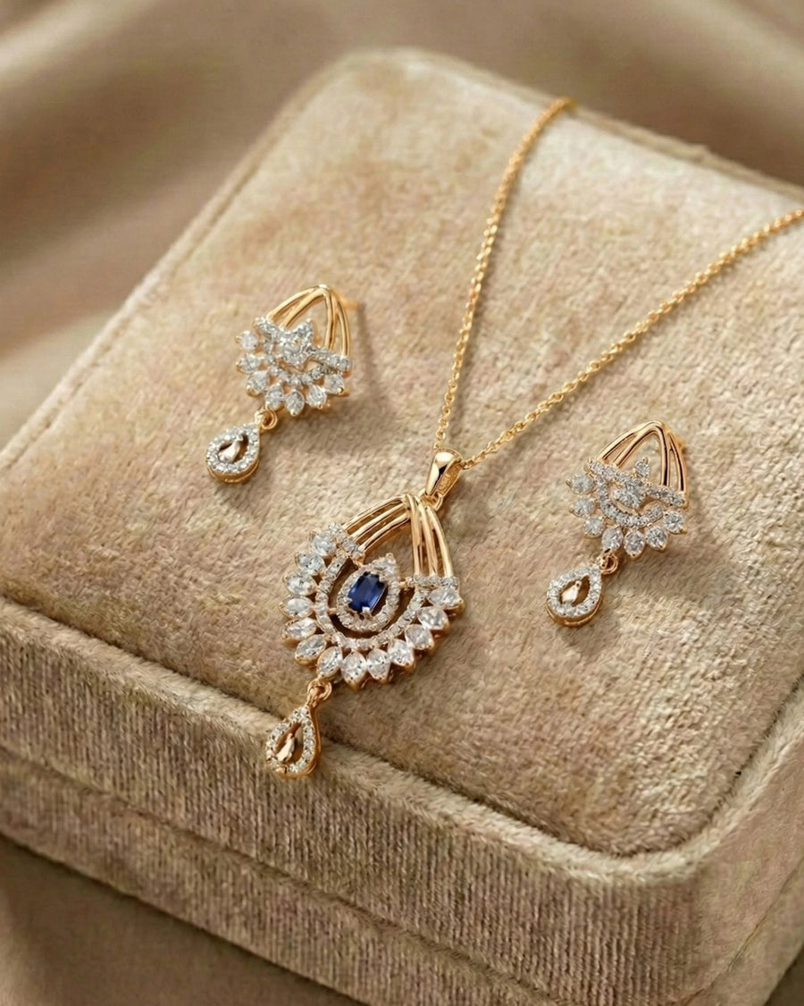Silvonar 925 Sterling Silver Jewelry Set – [Royal Sapphire & Chandelier Halo Design]