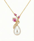 Ruby Bloom Teardrop Pearl Necklace – 925 Sterling Silver Floral Pendant for Women