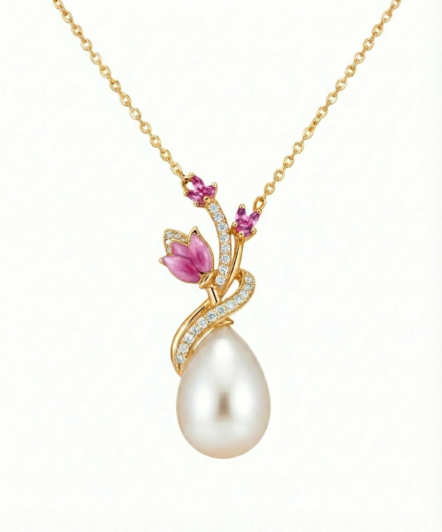 Ruby Bloom Teardrop Pearl Necklace – 925 Sterling Silver Floral Pendant for Women