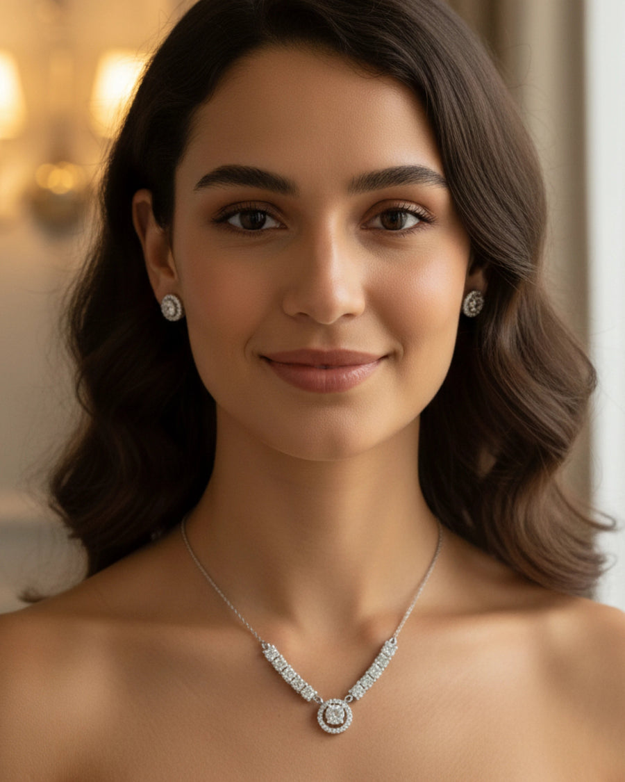 Silvonar 925 Sterling Silver Jewelry Set – [Dazzling Halo & Curved Crystal Bar Design]