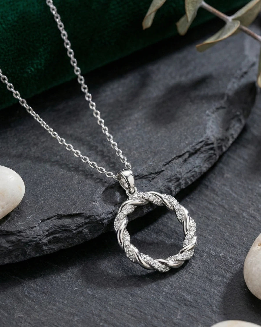 Entwined Halo Pavé Circle Necklace – 925 Sterling Silver