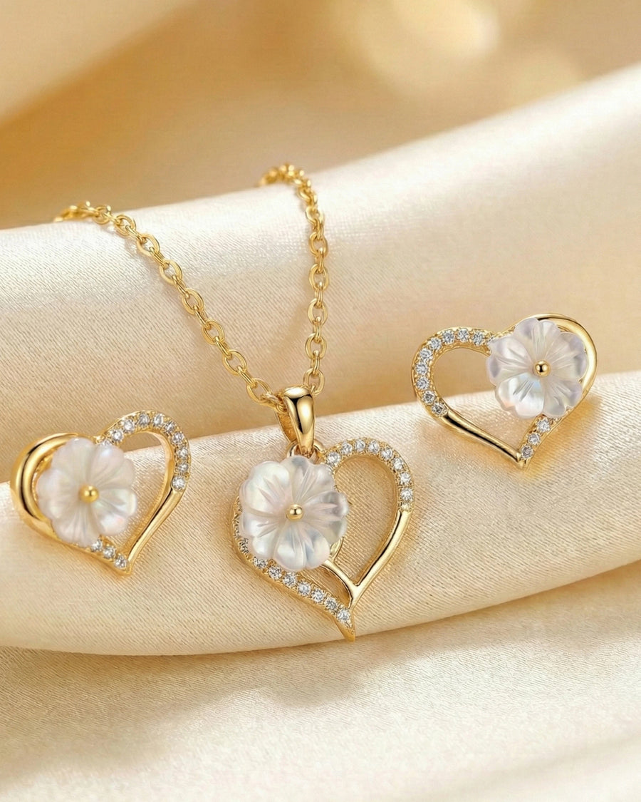 Silvonar 925 Sterling Silver Heart & Mother-of-Pearl Flower Jewelry Set – Romantic Necklace and Earrings