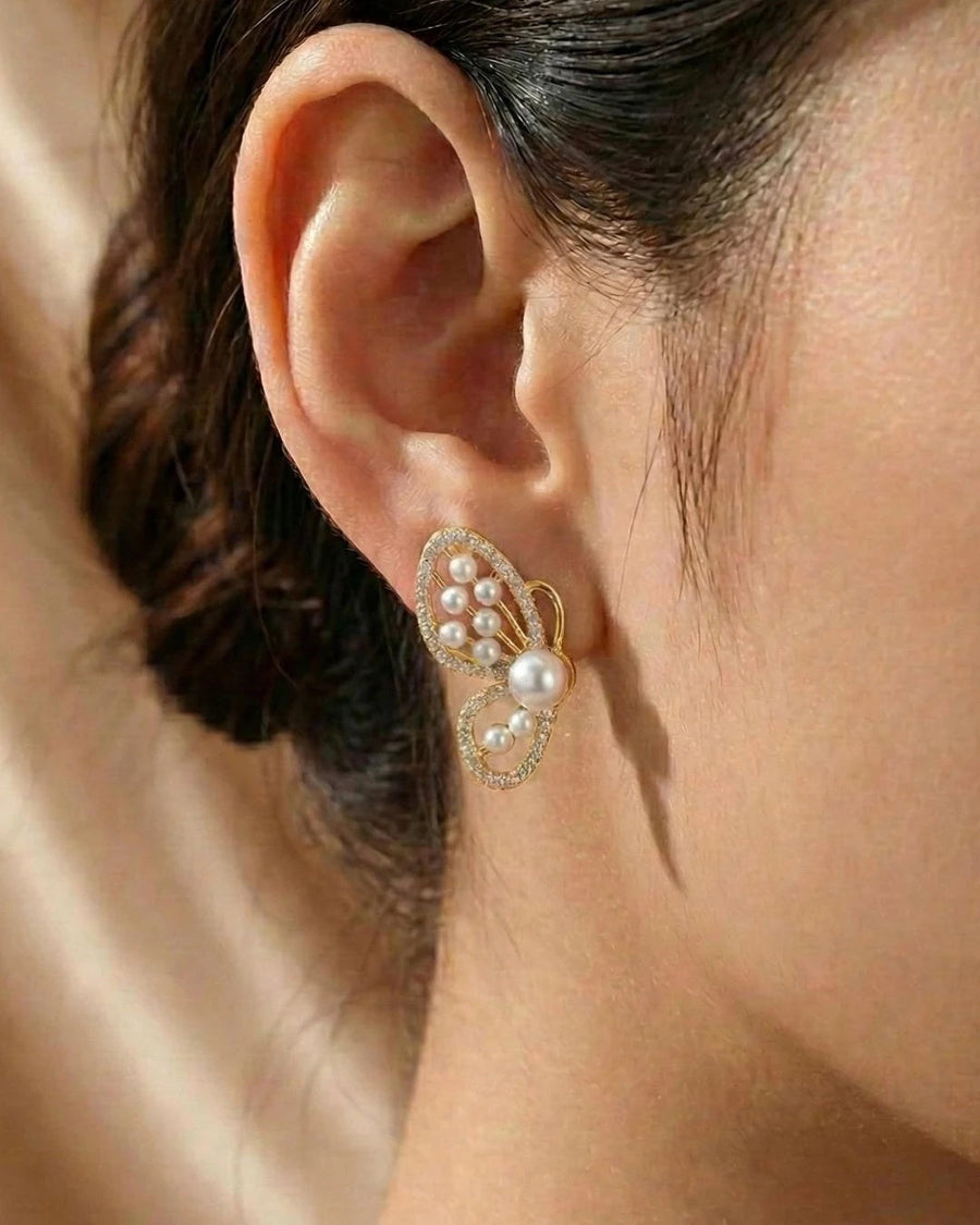 Graceful Butterfly Pearl Stud Earrings – 925 Sterling Silver