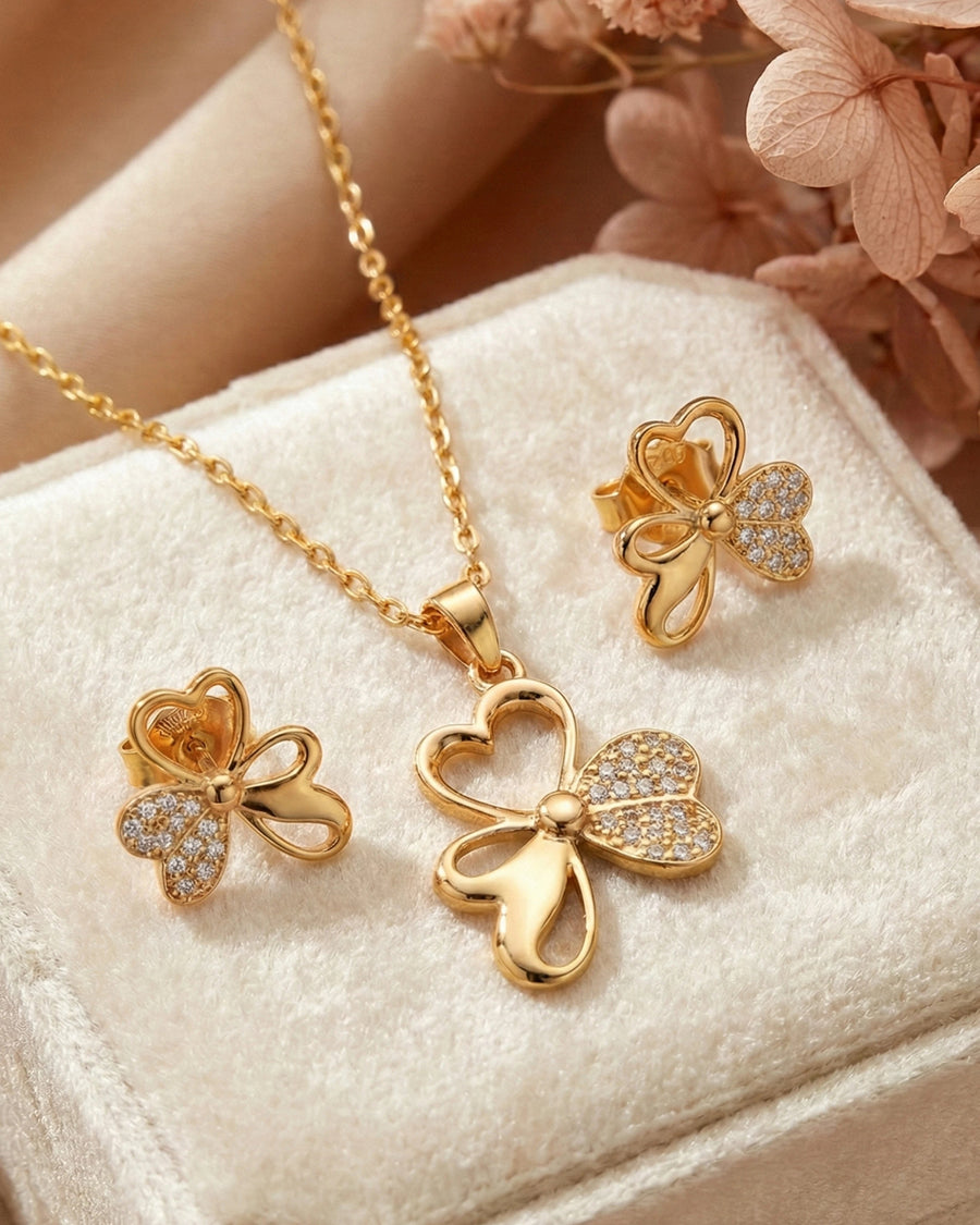Silvonar 925 Sterling Silver Jewelry Set – [Golden Trinity Clover & Heart Design]