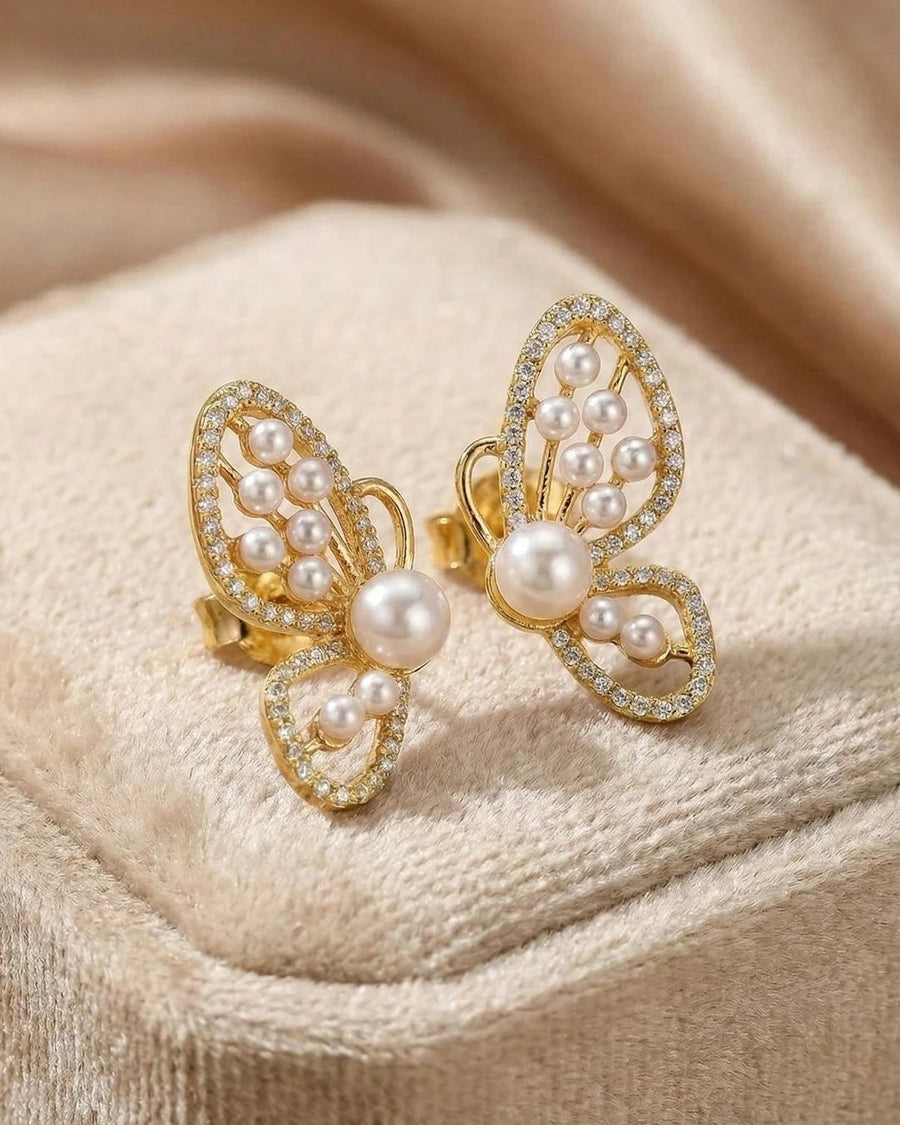 Graceful Butterfly Pearl Stud Earrings – 925 Sterling Silver