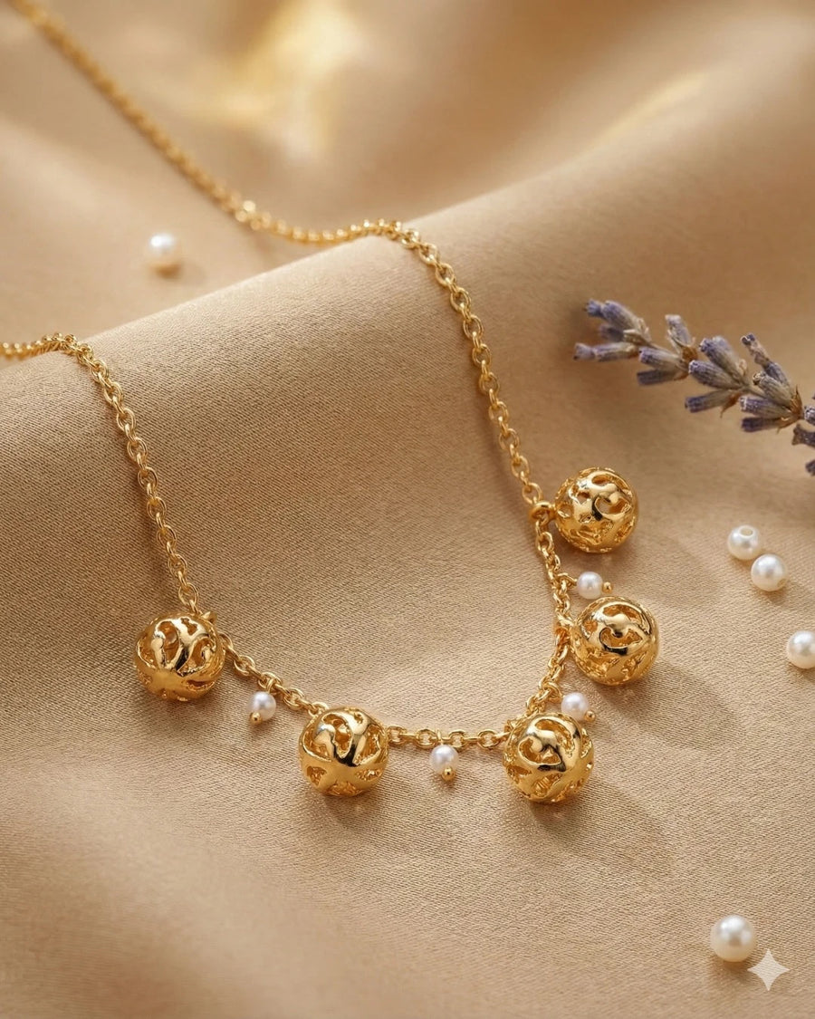 Golden Filigree Globe & Pearl Station Necklace – 925 Sterling Silver