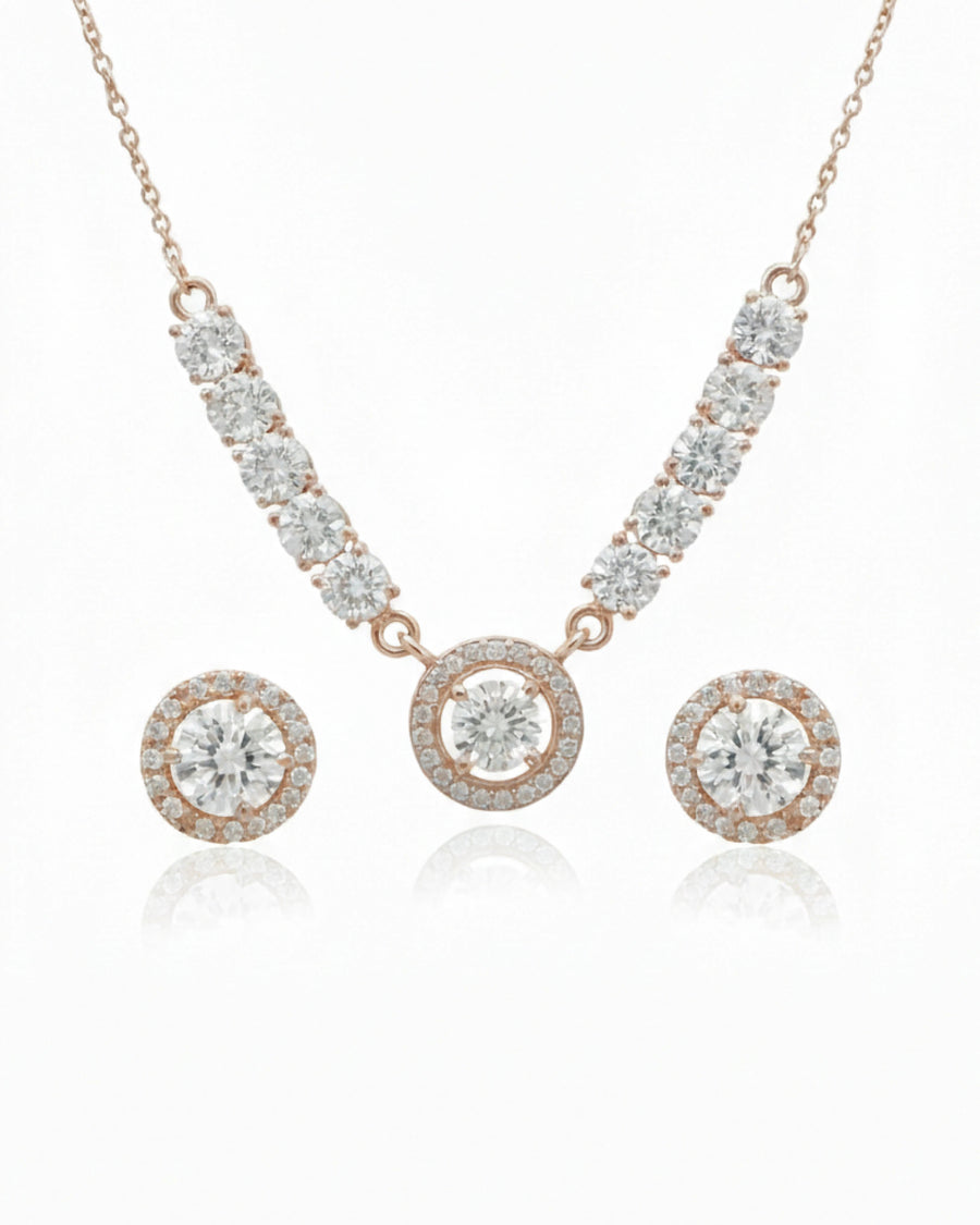 Silvonar 925 Sterling Silver Jewelry Set – [Dazzling Halo & Curved Crystal Bar Design]