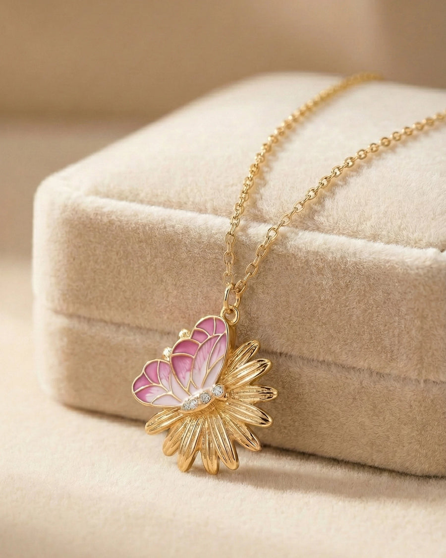 Pink Meadow Butterfly & Daisy Pendant – 925 Sterling Silver