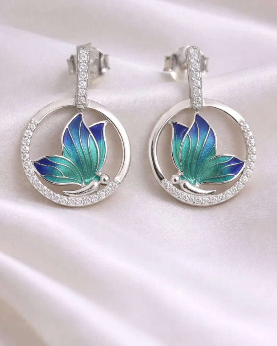 Emerald Glaze Butterfly Halo Earrings – 925 Sterling Silver