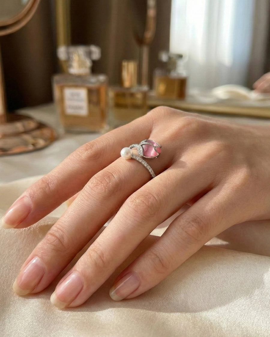 Enchanted Rose Quartz & Pearl Open Wrap Ring – 925 Sterling Silver